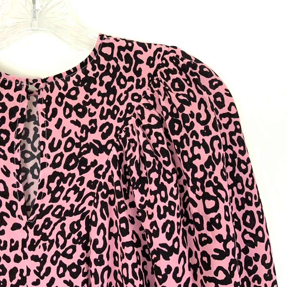 New Les Reveries Silk Balloon Sleeve Animal Leopard Print Blouse Pink Size 4 - Picture 4 of 16
